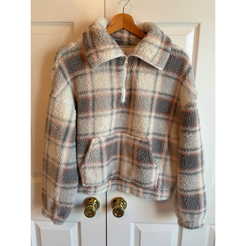Hippie Rose Womens Plaid Sherpa Fleece Quarter Zip Pullover Grey Pink Cream M